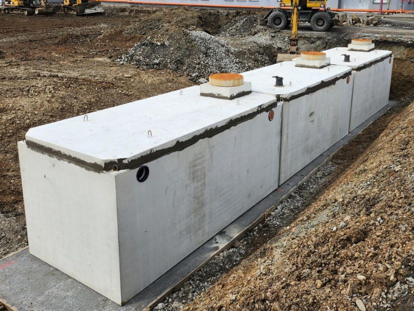 detailní reference, Betonová retenční nádrž pro podtlakovou dešťovou kanalizaci s šoupátky na uzavření nádrží, Valašské Meziříčí, db betonové jímky